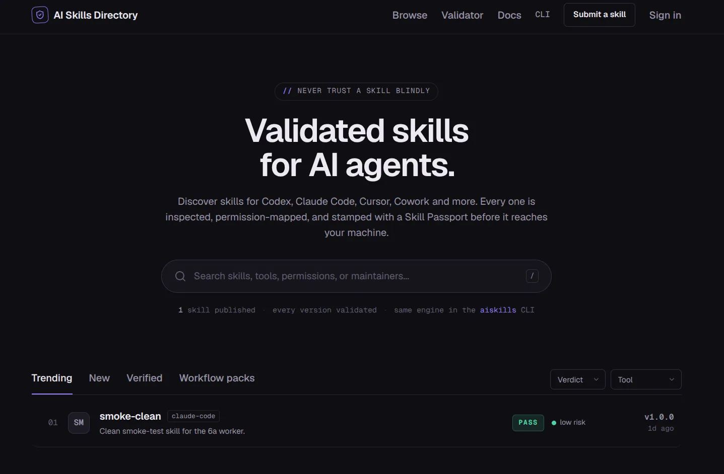 AI Skills Directory homepage showing the validated skills hero, search box, filters, and a smoke-clean skill listing
