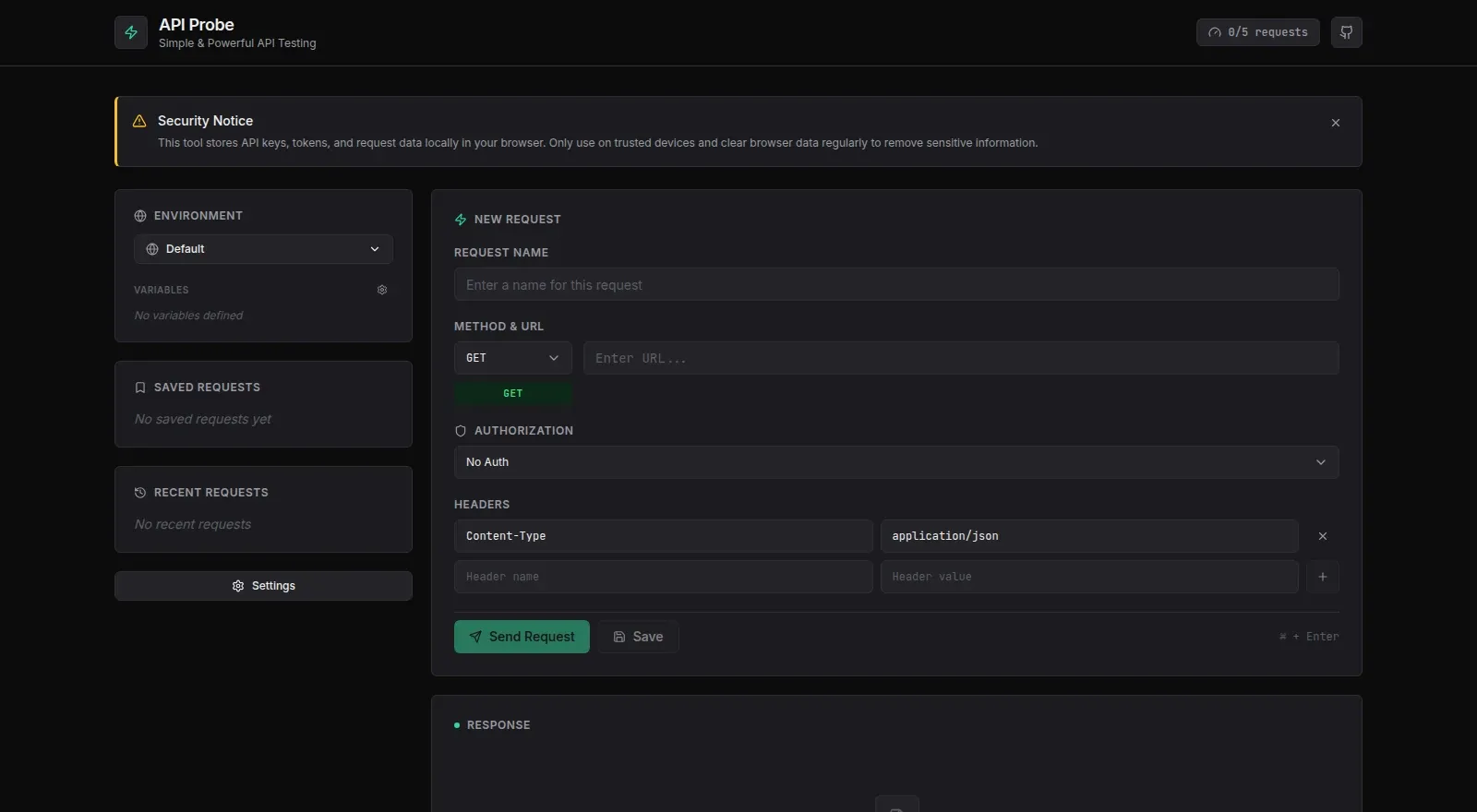 api probe ui with a dark theme, environment, saved requests, recent requests sidebar and a request builder with method, url, auth, and headers