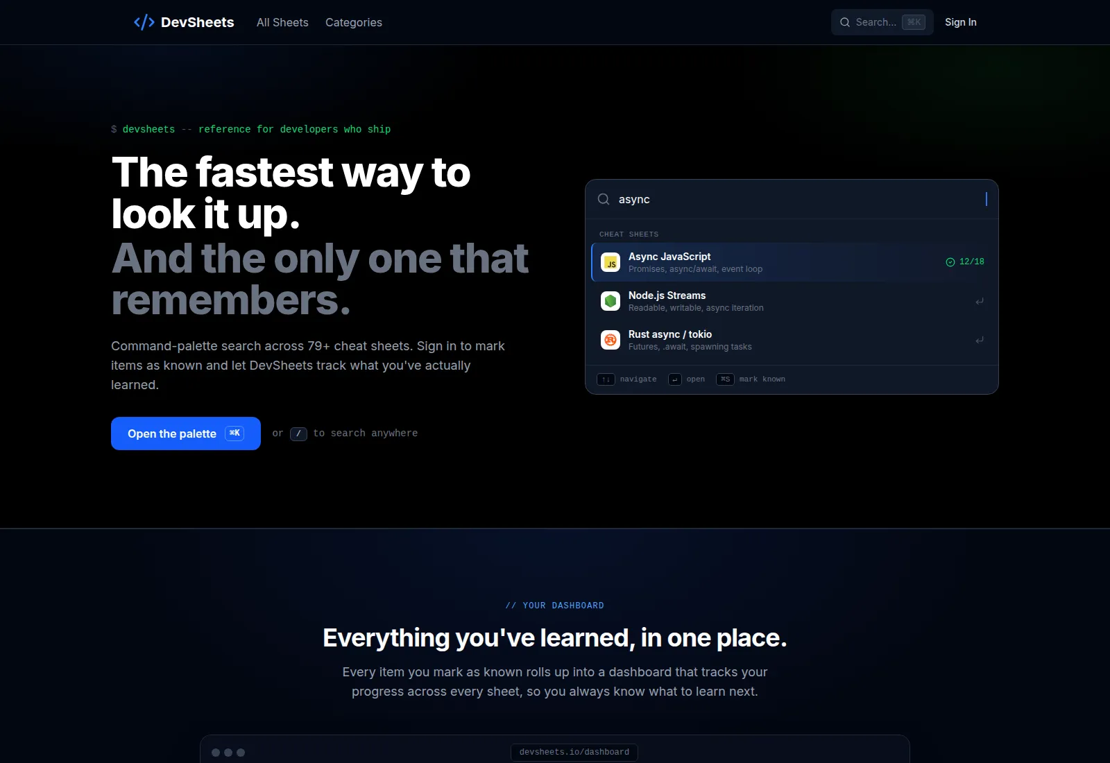 devsheets.io command-palette homepage with full-text search, sheet cards, and dashboard preview