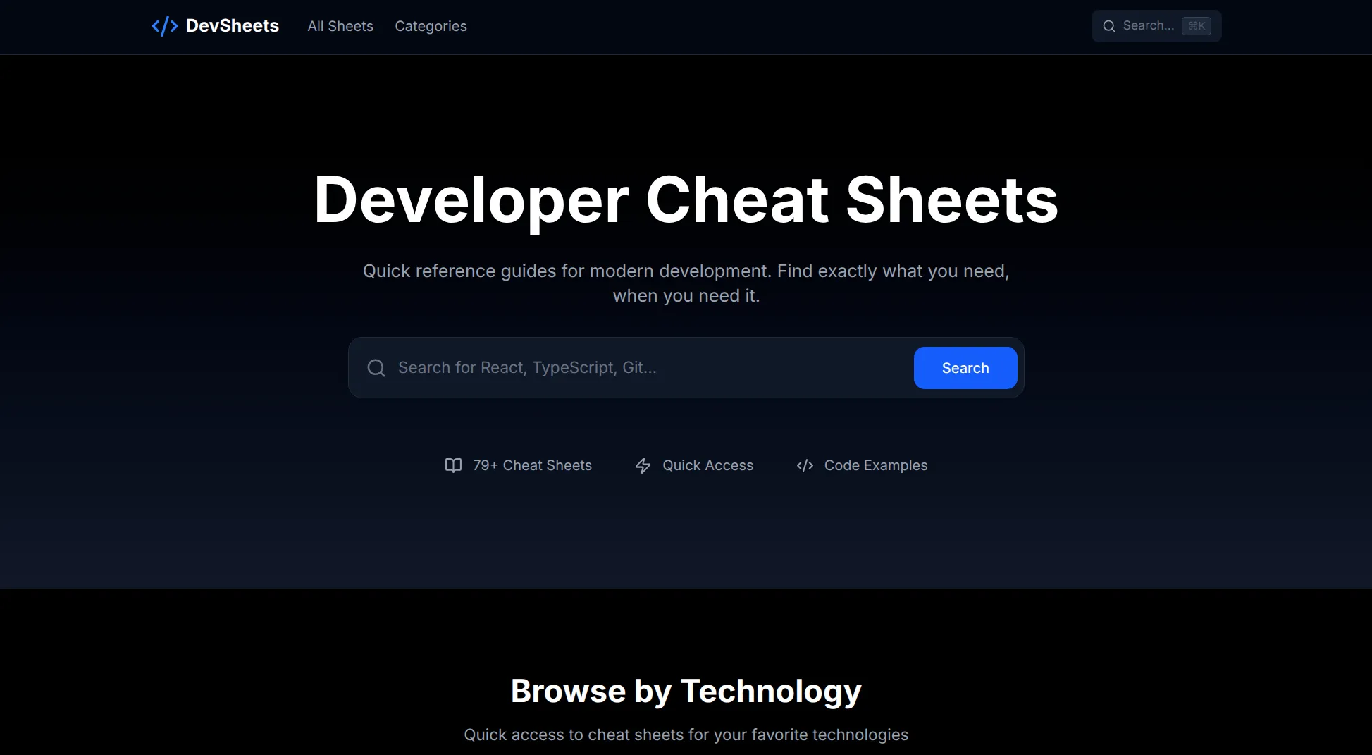 devsheets.io homepage with the developer cheat sheets hero, search bar, and 79+ cheat sheets count