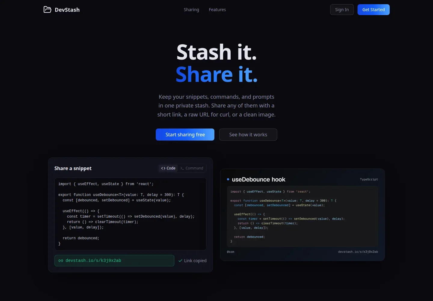 DevStash homepage with the Stash it. Share it. headline and a code snippet shown as a short link and downloadable image