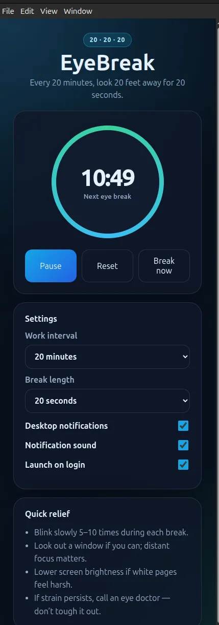 eyebreak desktop app showing the break timer countdown window