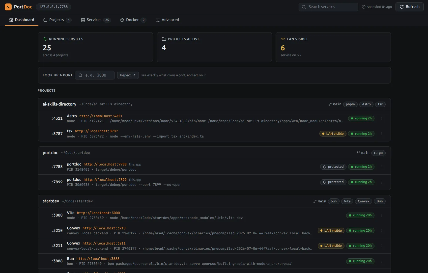 PortDoc dashboard showing running service counts, active local project rows for ai-skills-directory, portdoc, and startdev, plus grouped local ports