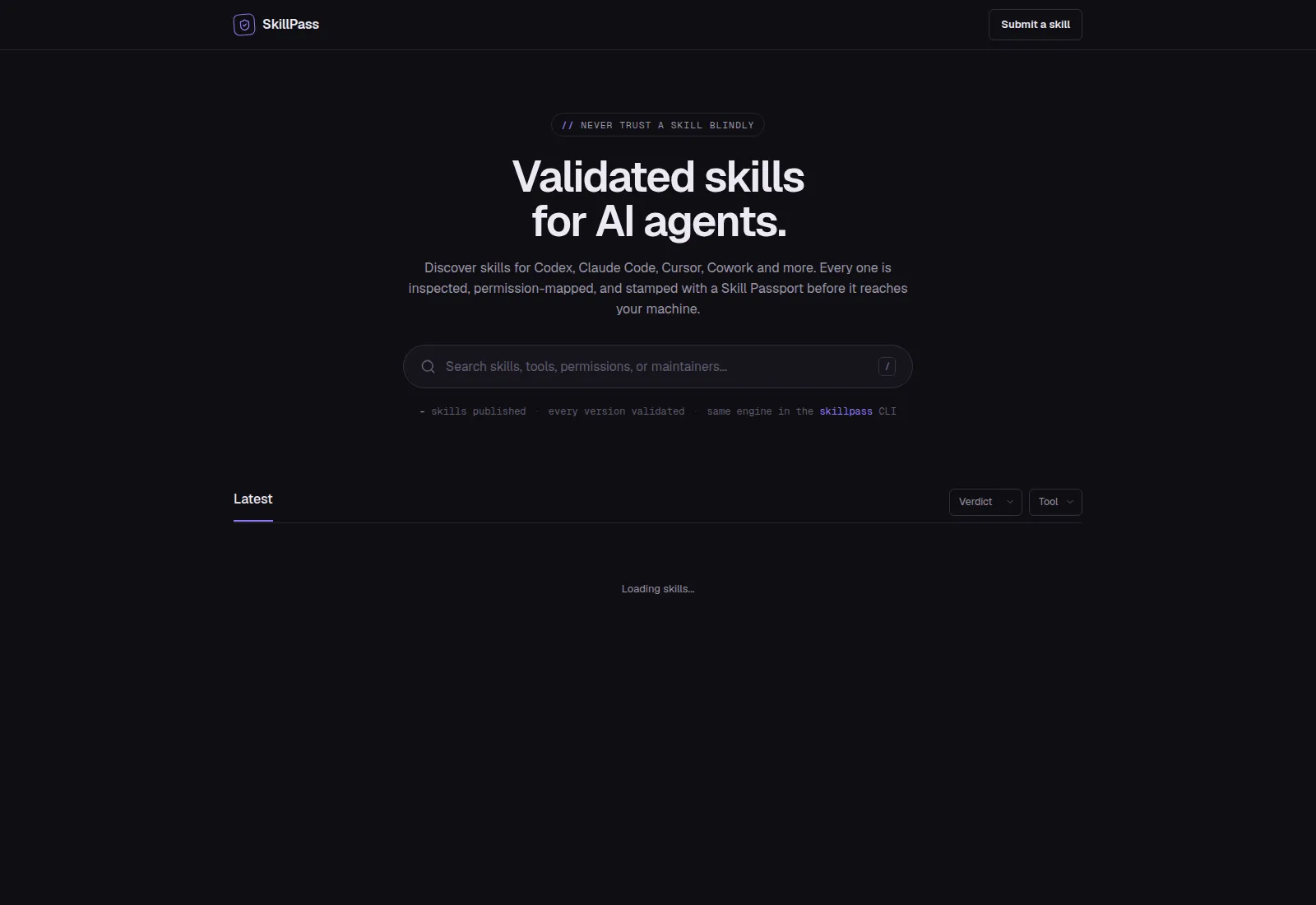 SkillPass homepage showing the validated skills hero, search, filters, and public skill listings